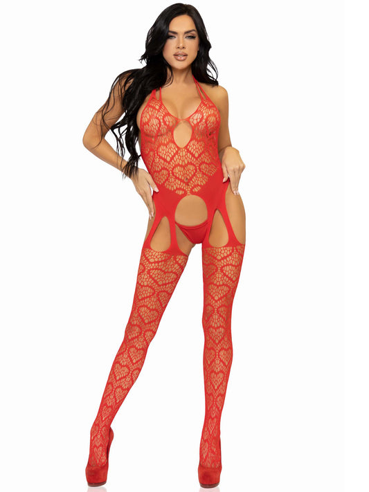 Seamless Heart Net Suspender Bodystocking - One Size - Red - Not Very Vanilla