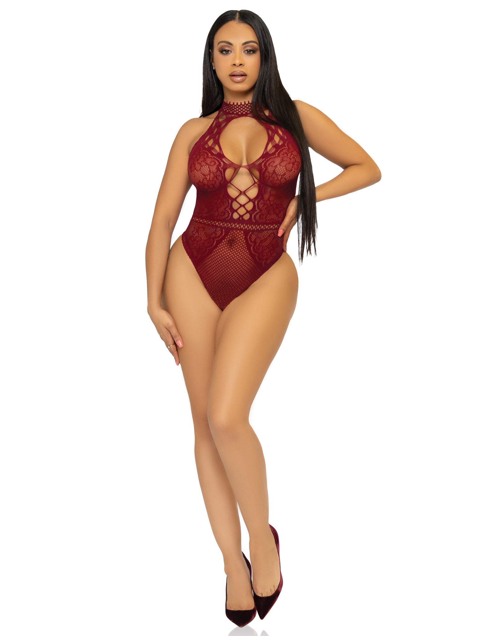 Net and Lace Keyhole Halter Bodysuit - One Size - Burgundy - Not Very Vanilla