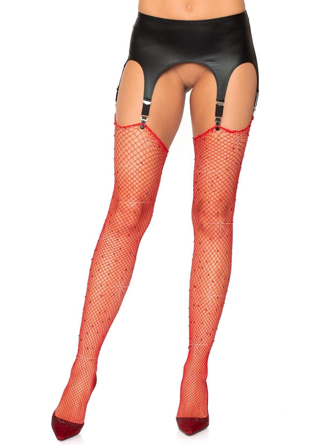 Rhinestone Fishnet Stockings - One Size - Red - Not Very Vanilla