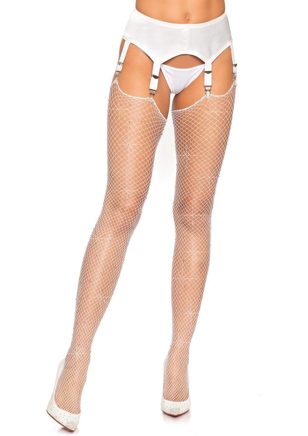 Rhinestone Fishnet Stockings - One Size - White - Not Very Vanilla