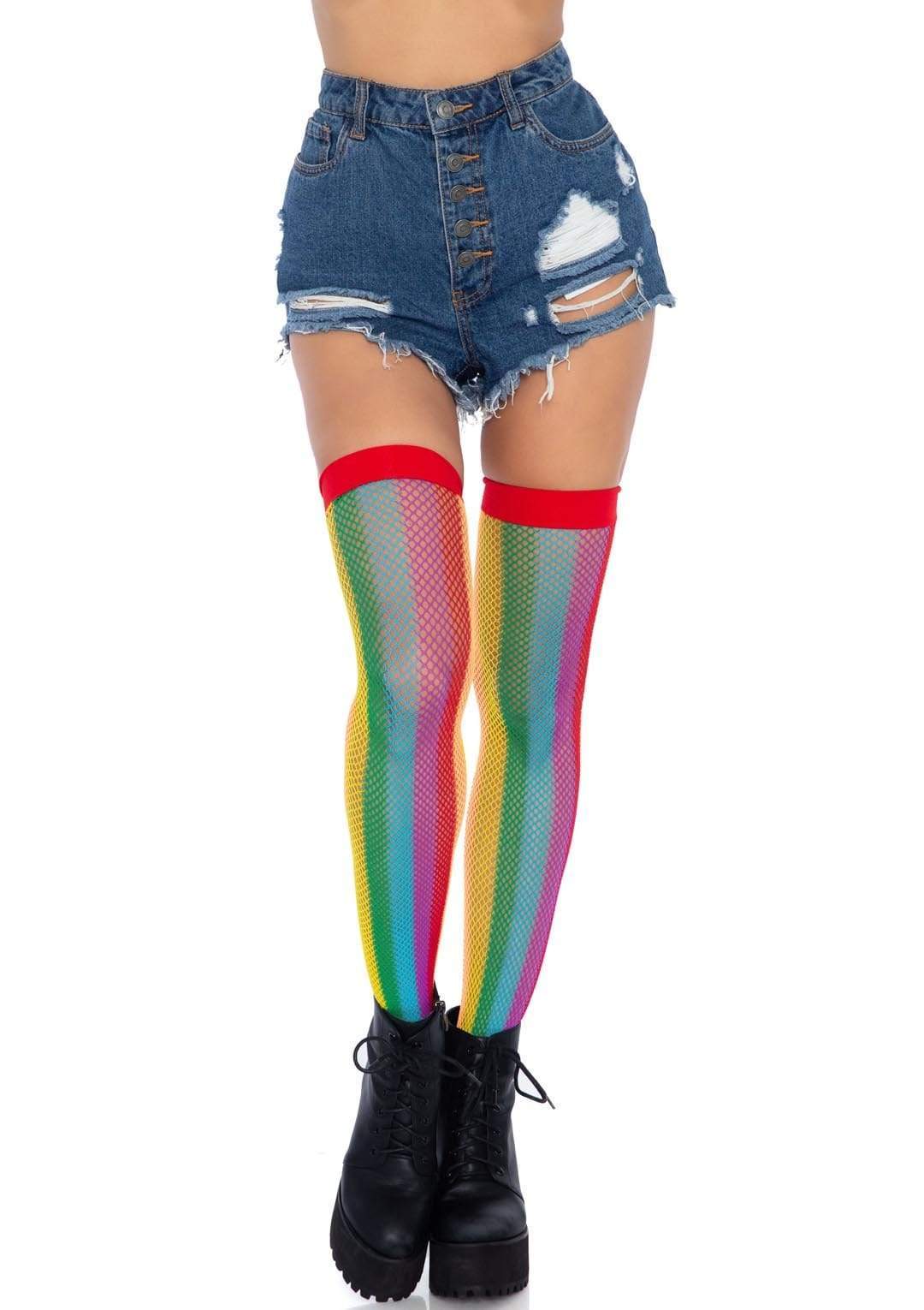 Rainbow Fishnet Thigh Highs - One Size - Multicolor - Not Very Vanilla