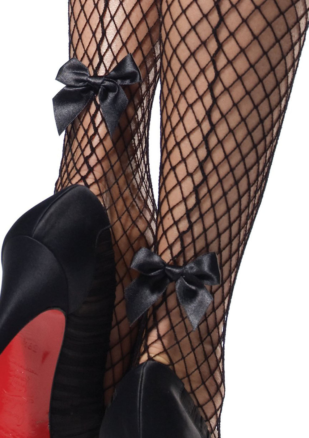 Stay Up Industrial Net Backseam Thigh Highs With Lace Top and Satin Bow Accent - One Size - Black - Not Very Vanilla