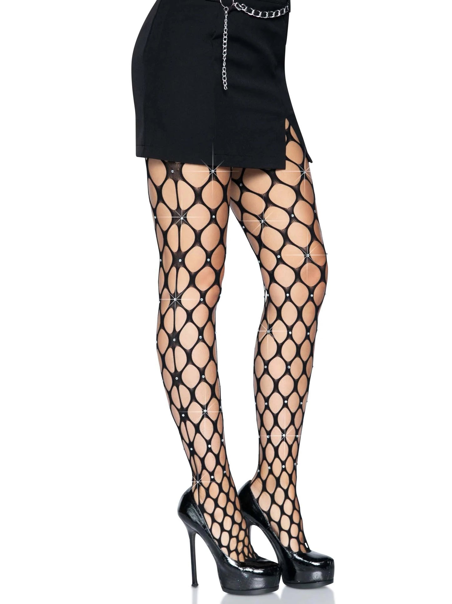 Rhinestone Pothole Net Tights - One Size - Black - Not Very Vanilla