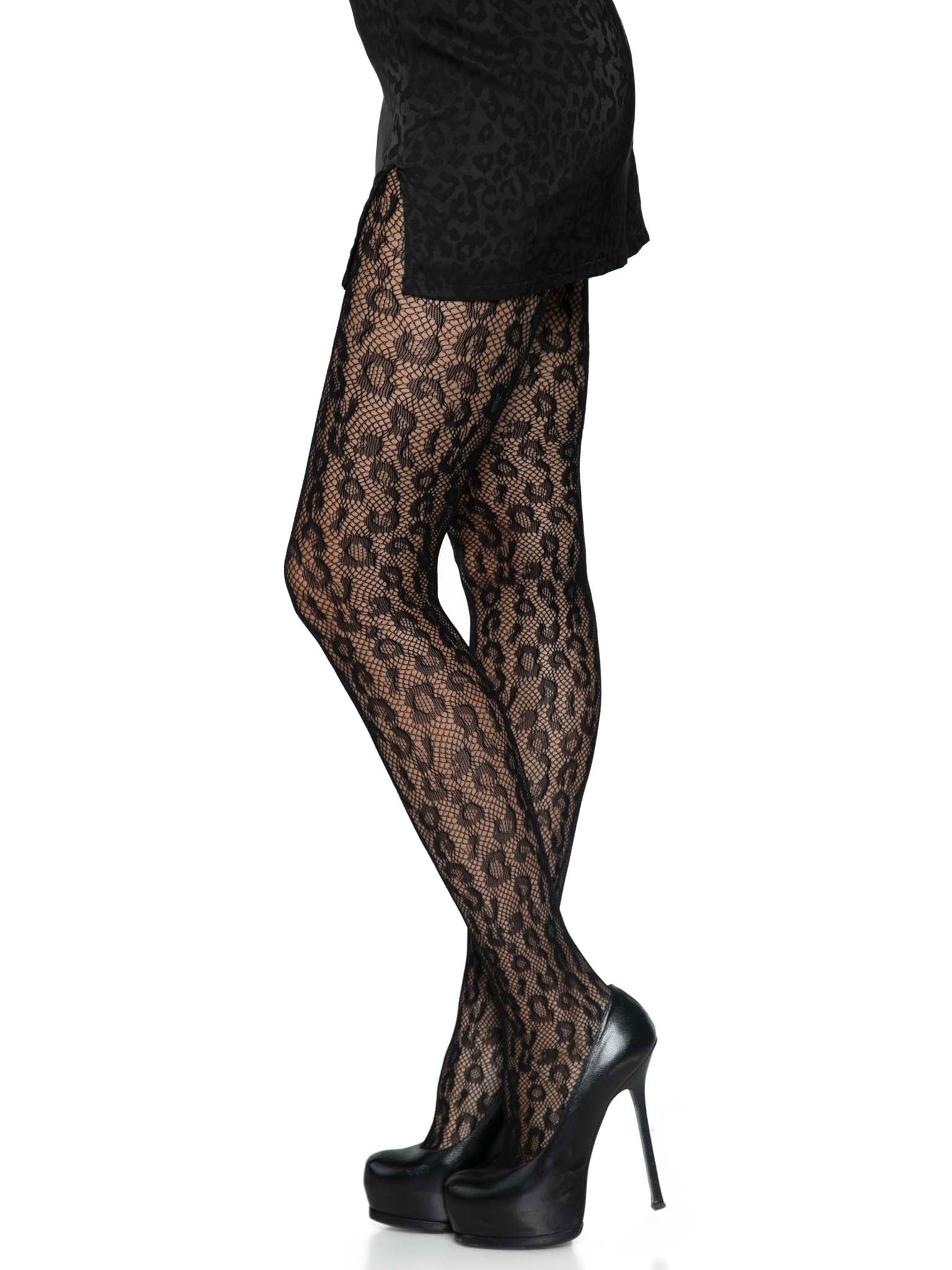 Leopard Net Tights - One Size - Black - Not Very Vanilla