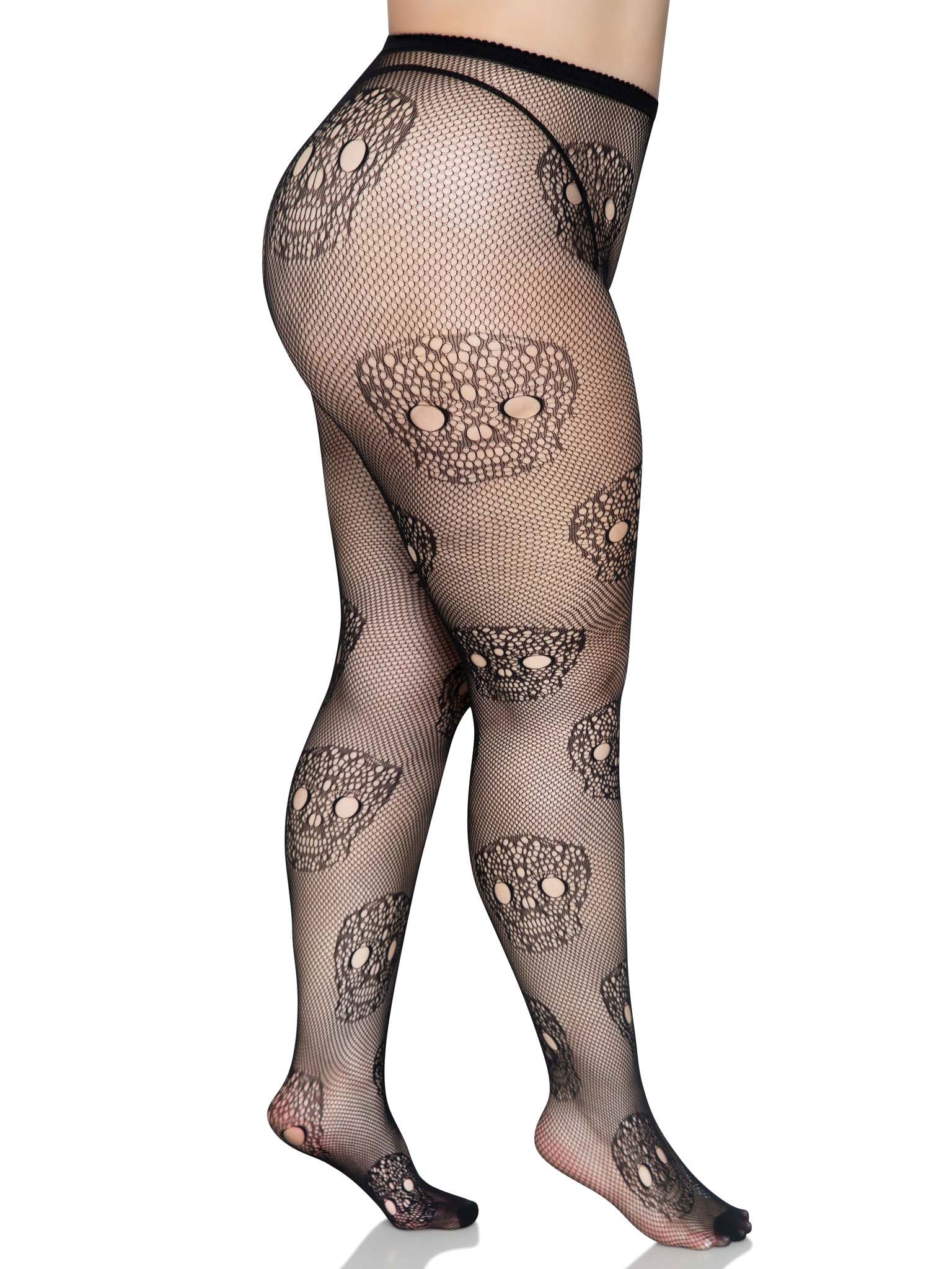 Lace Skulls Fishnet Tights - 1x/2x - Black - Not Very Vanilla