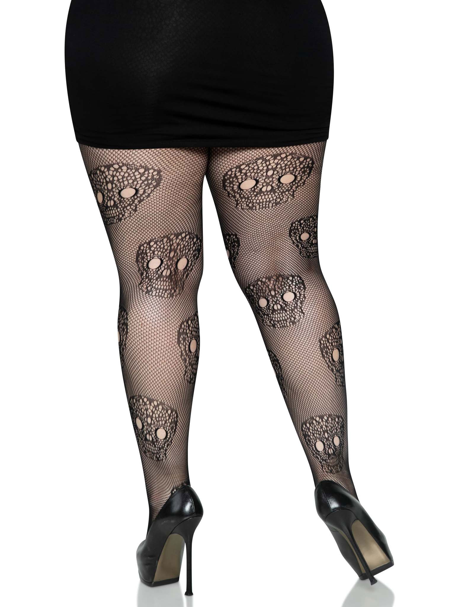 Lace Skulls Fishnet Tights - 1x/2x - Black - Not Very Vanilla