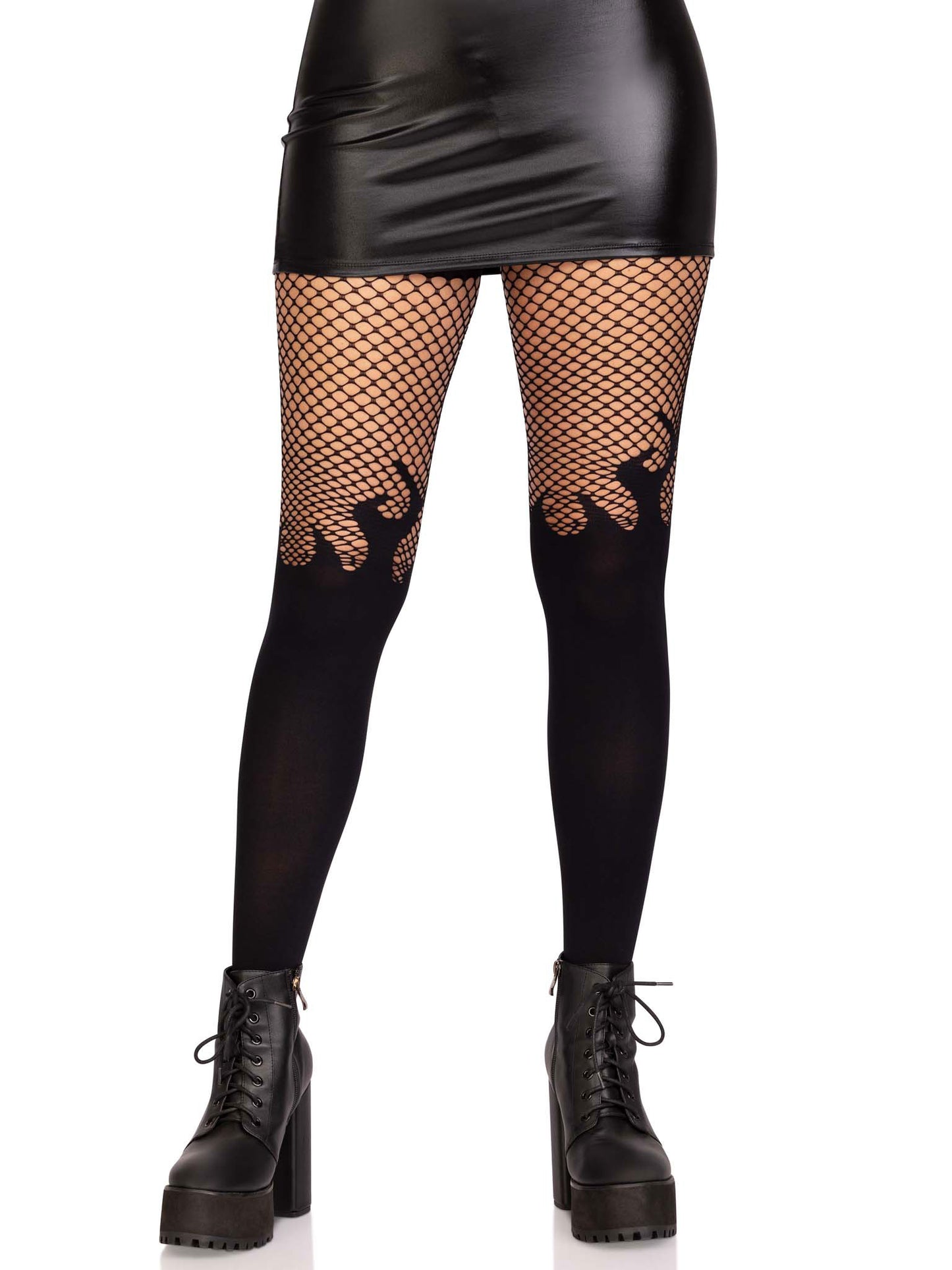 Opaque Flame Tights With Fishnet Top - One Size - Black - Not Very Vanilla