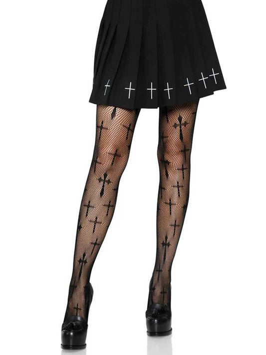 Worship Me Cross Net Tights - 1x/2x - Black - Not Very Vanilla