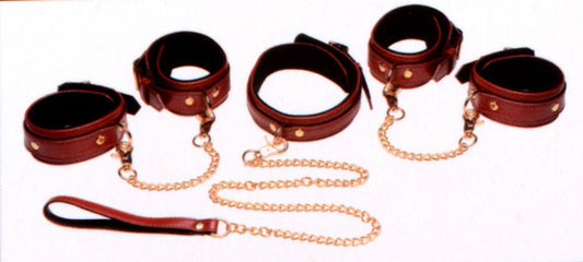 6 Piece Burgundy Bondage Set Burgundy Cuffs, Collar and Leash - Not Very Vanilla