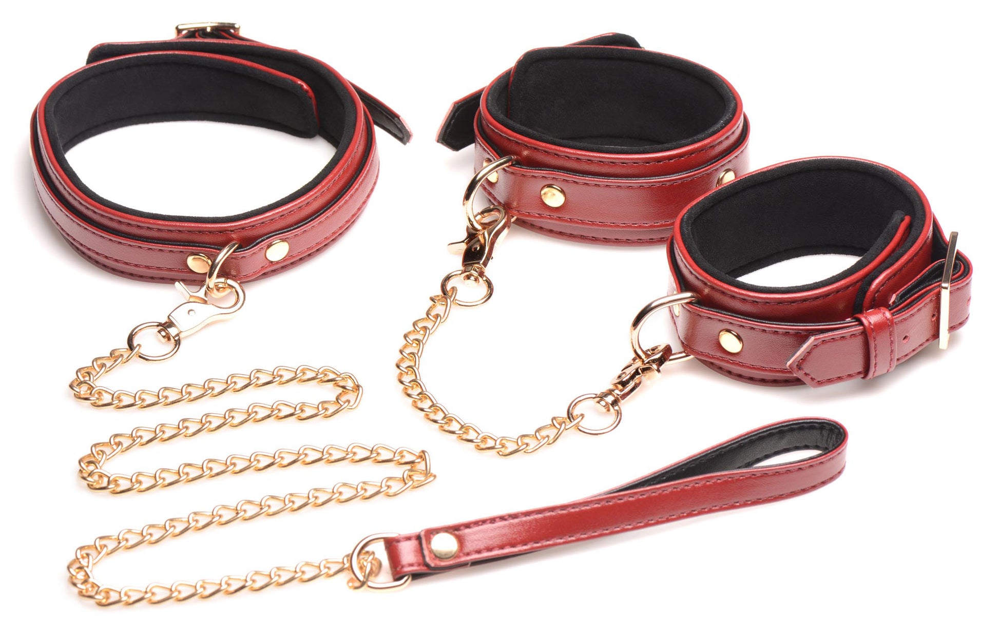 6 Piece Burgundy Bondage Set Burgundy Cuffs, Collar and Leash - Not Very Vanilla