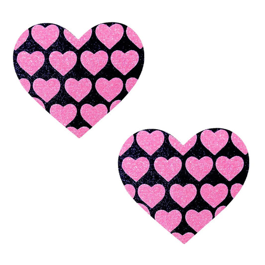 Pink Heart Neon Valentines Black Glitter Heart Nipple Cover Pasties - Not Very Vanilla