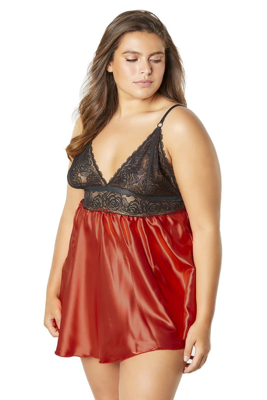 Lace Cup Satin Empire Body Babydoll With Contrast Color Piping + G-String - Black/red - 3x4x - Not Very Vanilla