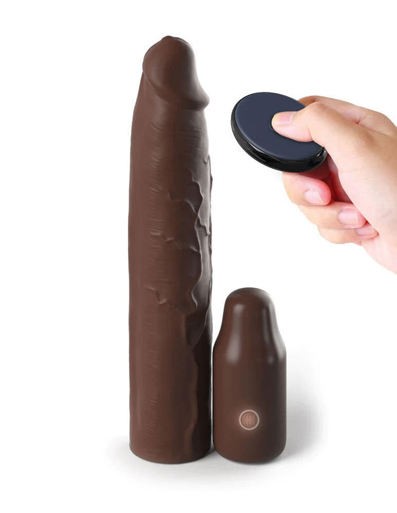 Fantasy X-Tensions Elite 9 Inch Sleeve Vibrating 3 Inch Plug With Remote - Brown - Not Very Vanilla