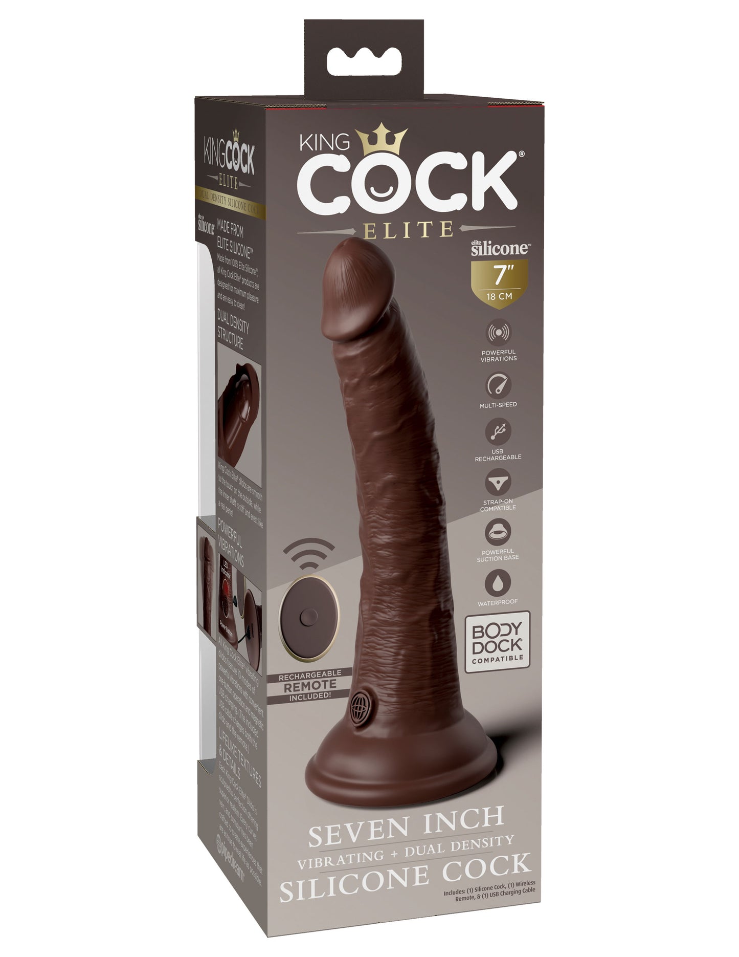 King Cock Elite 7 Inch Vibrating Silicone Dual Silicone Dual Density Cock With Remote - Brown - Not Very Vanilla