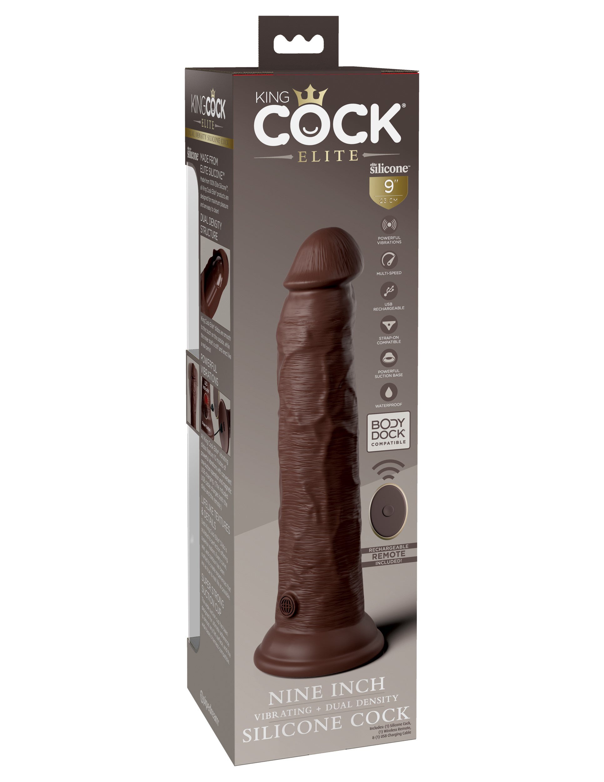 King Cock Elite 9 Inch Vibrating Silicone Dual Density Cock With Remote - Brown - Not Very Vanilla