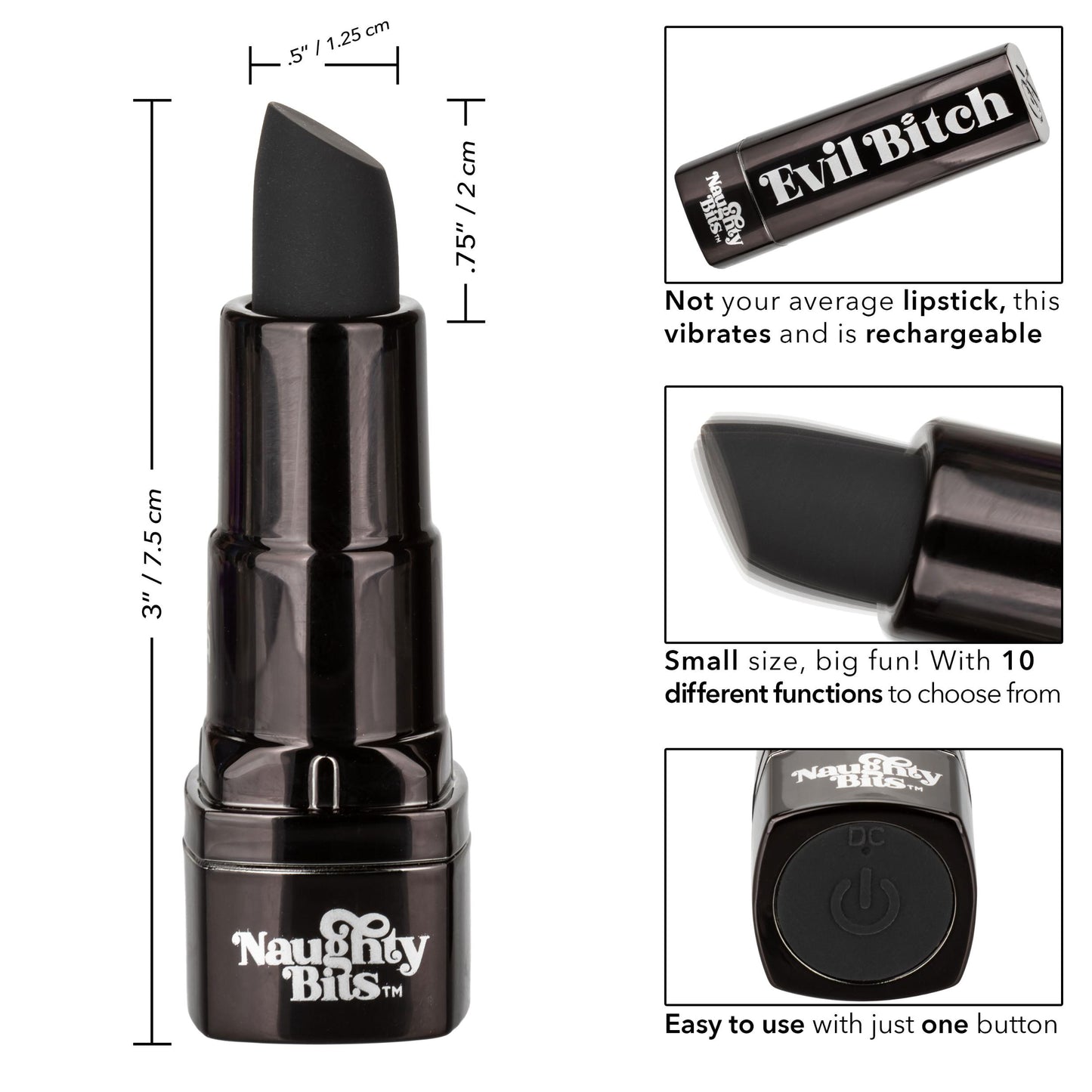 Naughty Bits Evil Bitch Lipstick Vibrator - Black - Not Very Vanilla