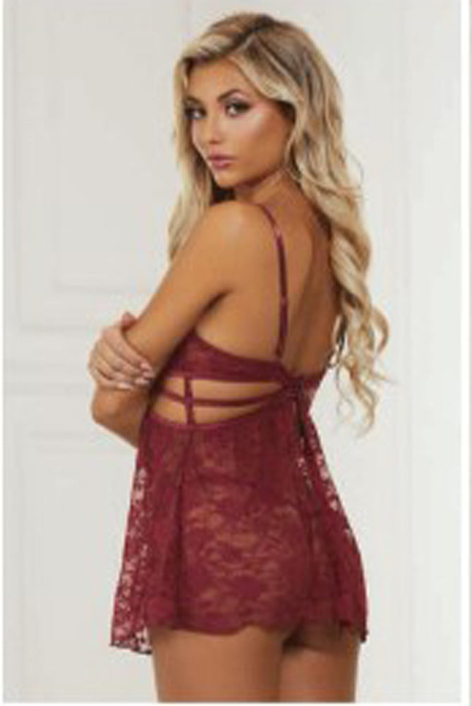 2 Pc Lace Babydoll and G-String Set - One Size - Wine - Not Very Vanilla