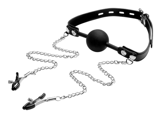 Silicone Ball Gag W/nipple Clamps - Not Very Vanilla