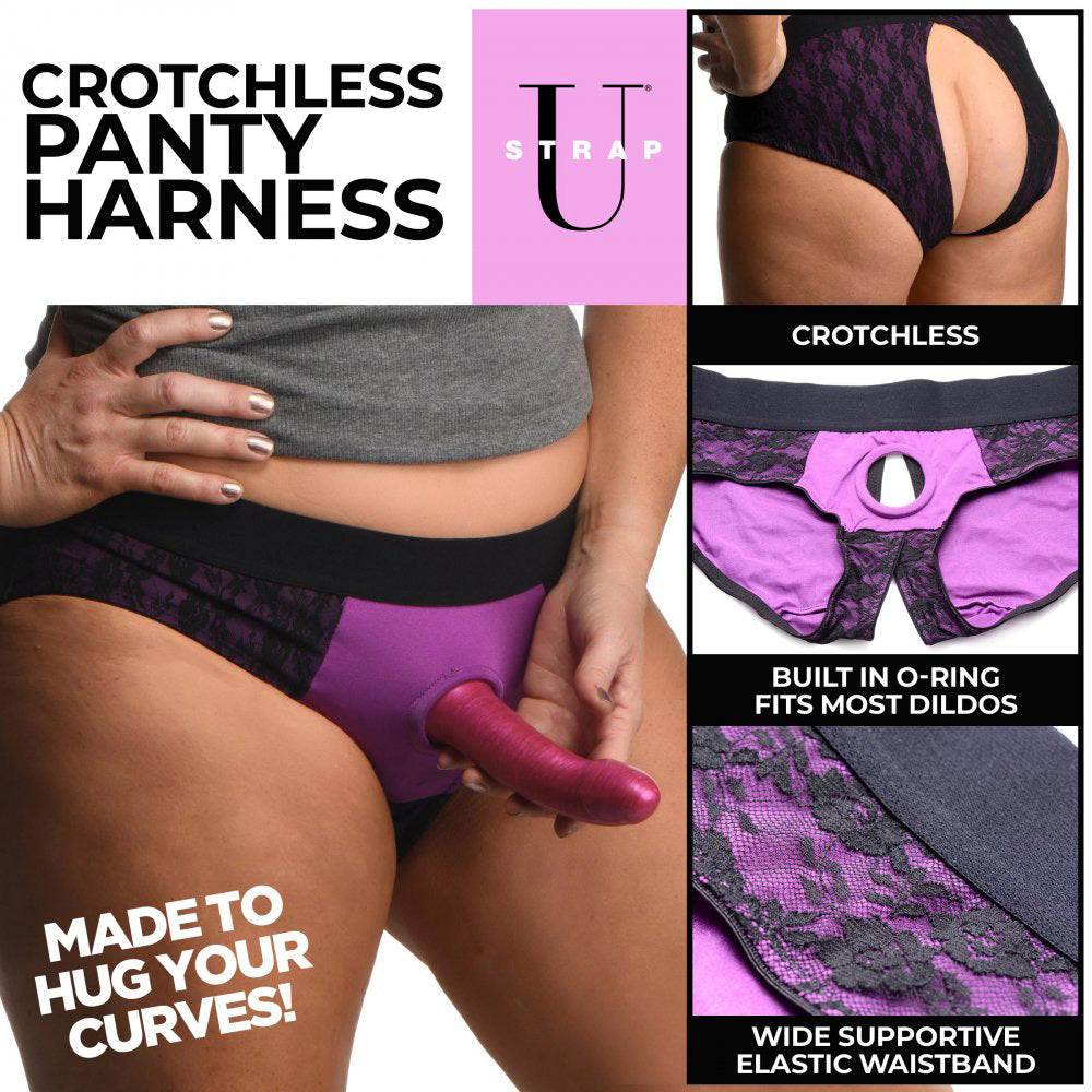 Lace Envy Crotchless Panty Harness - 2xl - Purple - Not Very Vanilla