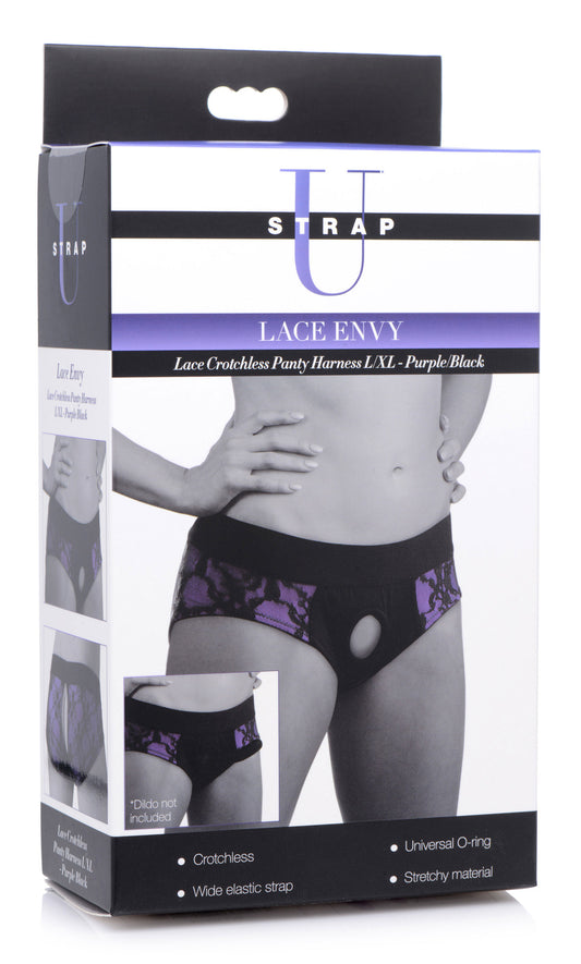 Lace Envy Crotchless Panty Harness - L/ XL Purple and Black - Not Very Vanilla