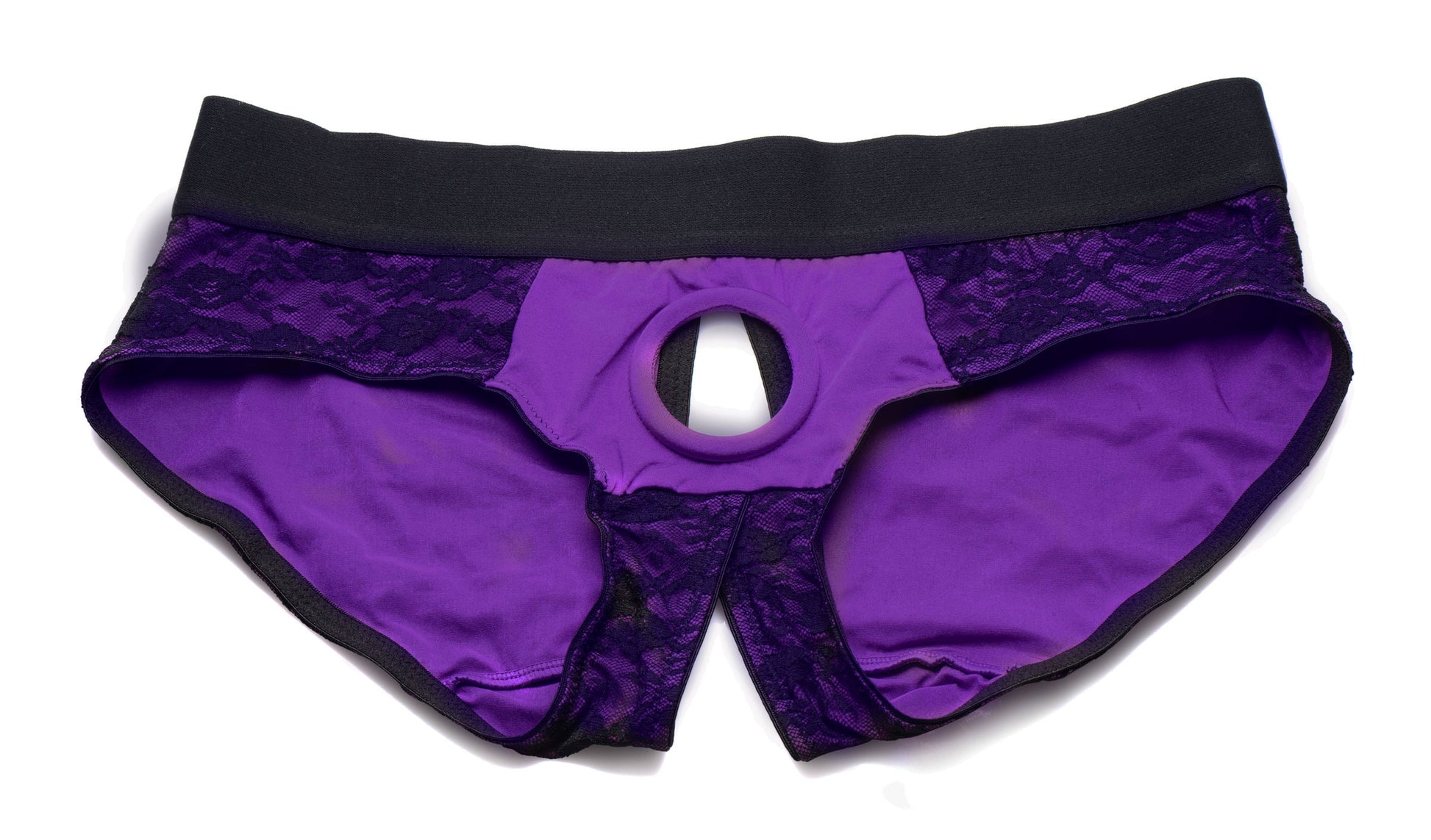 Lace Envy Crotchless Panty Harness - L/ XL Purple and Black - Not Very Vanilla