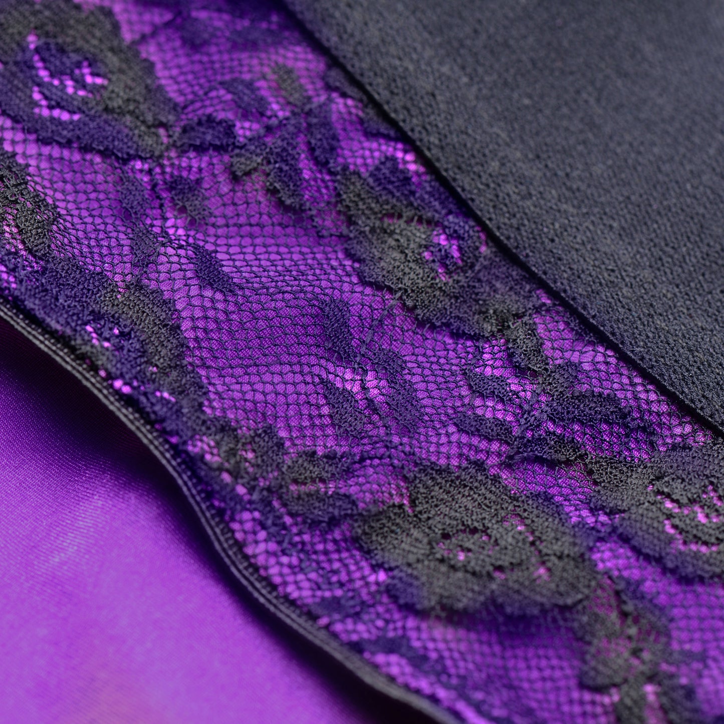 Lace Envy Crotchless Panty Harness - L/ XL Purple and Black - Not Very Vanilla