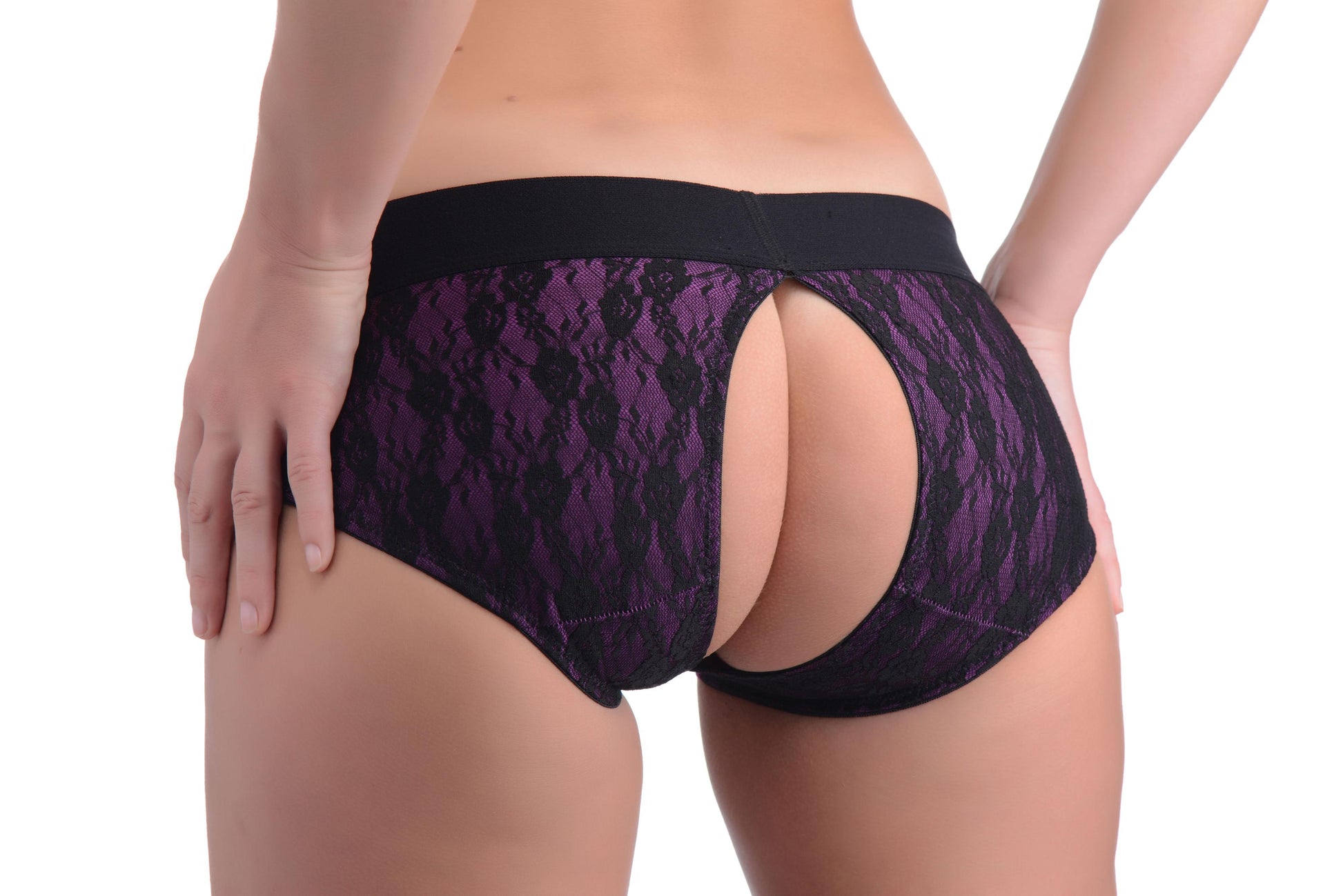 Lace Envy Crotchless Panty Harness - L/ XL Purple and Black - Not Very Vanilla