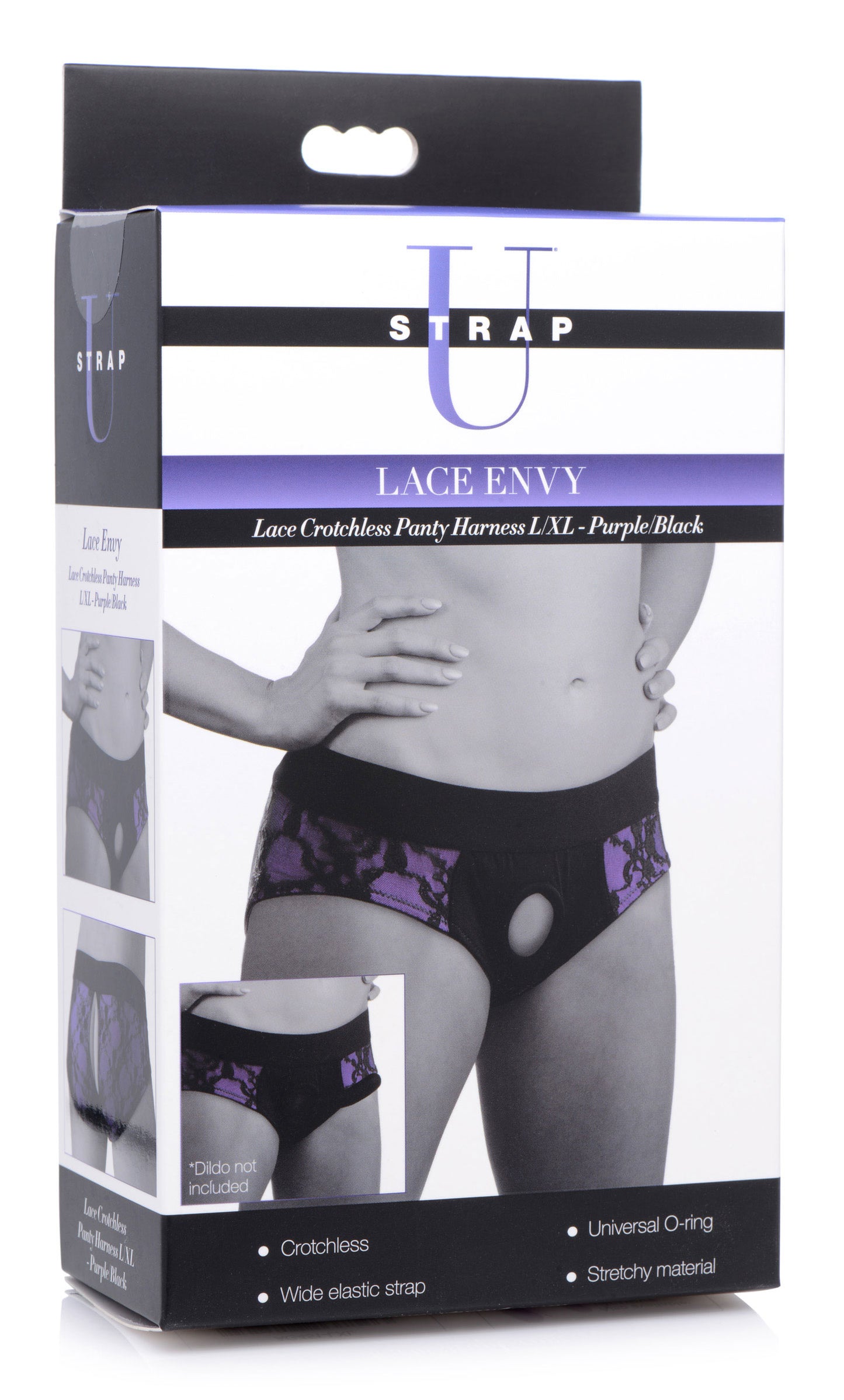 Lace Envy Crotchless Panty Harness - S/ M Black and Purple - Not Very Vanilla