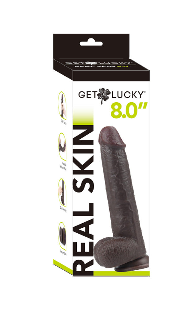 Get Lucky 8 Inch Real Skin Dildo - Dark Brown - Not Very Vanilla