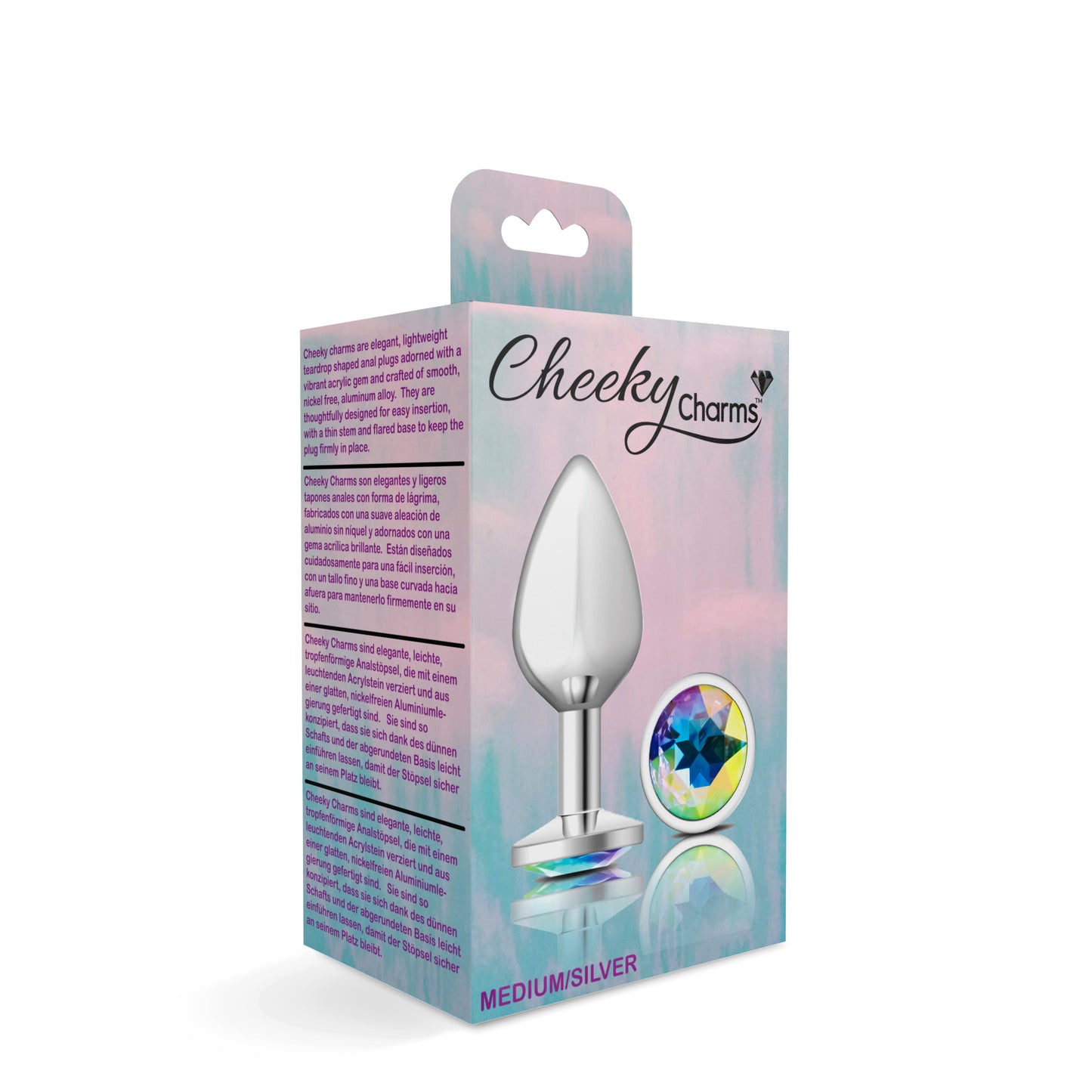 Cheeky Charms-Silver Metal Butt Plug- Round-Clear-Medium - Not Very Vanilla