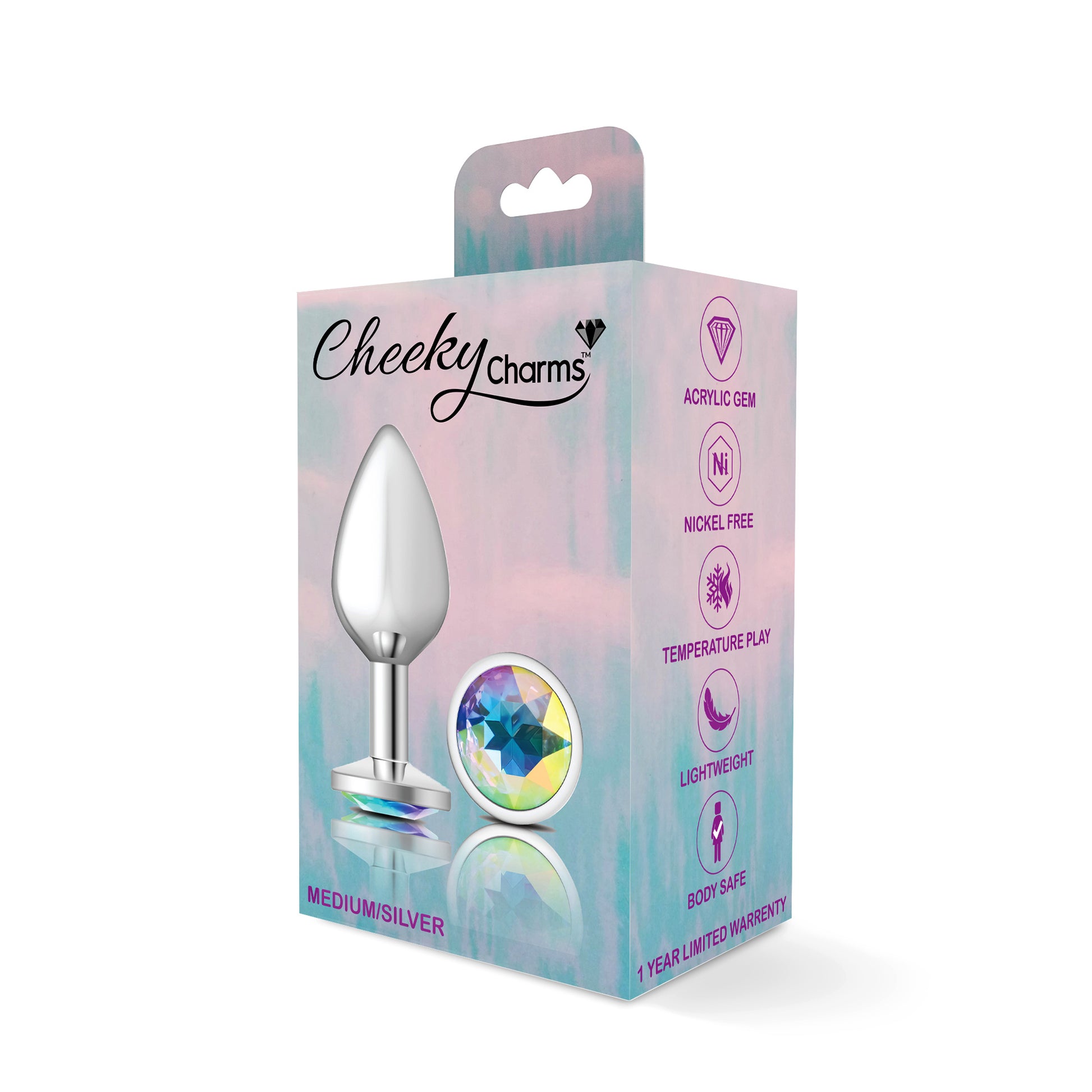 Cheeky Charms-Silver Metal Butt Plug- Round-Clear-Medium - Not Very Vanilla