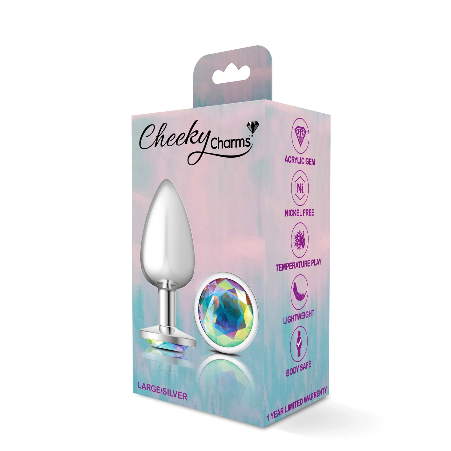 Cheeky Charms-Silver Metal Butt Plug- Round-Clear-Large - Not Very Vanilla