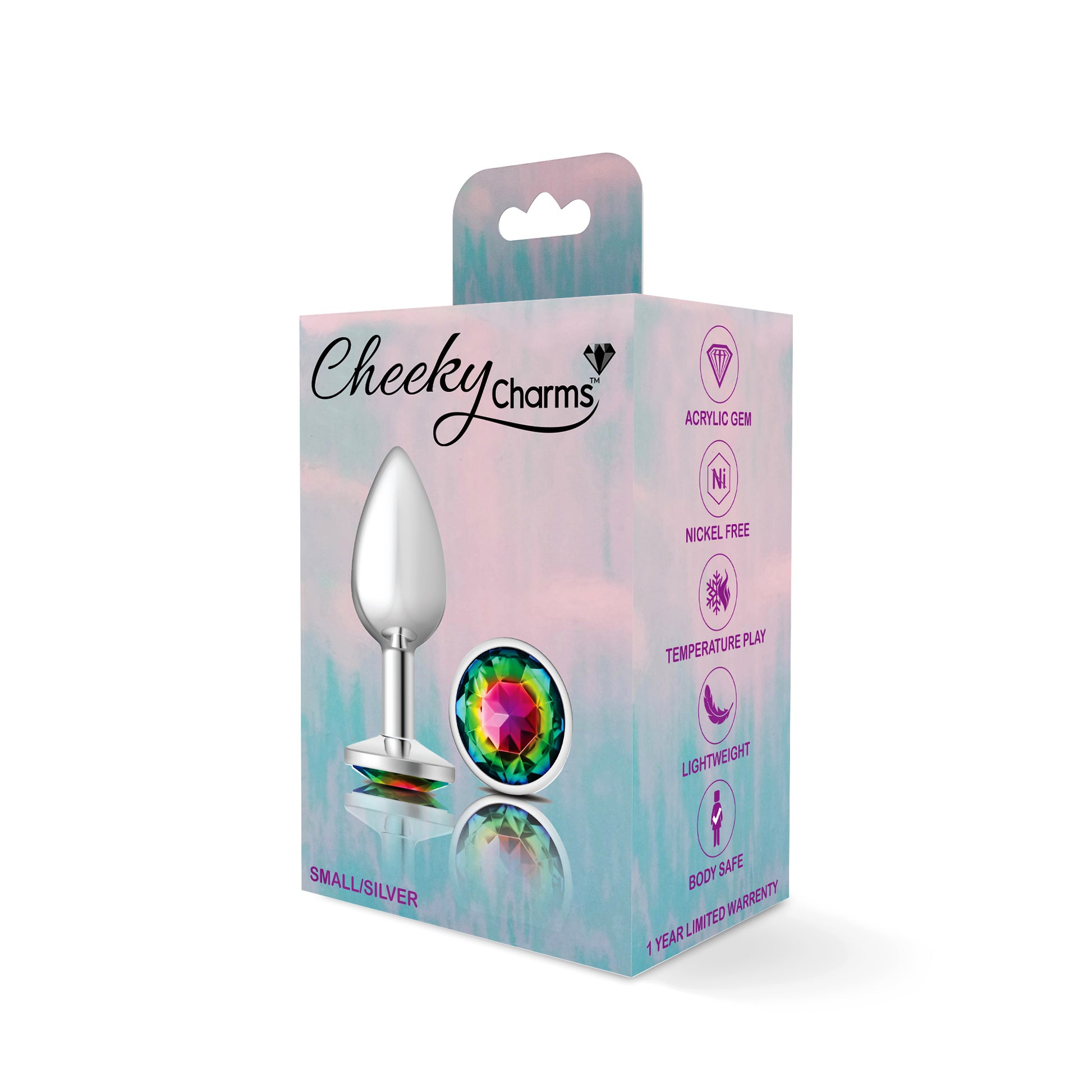 Cheeky Charms-Silver Metal Butt Plug- Round-Rainbow-Small - Not Very Vanilla