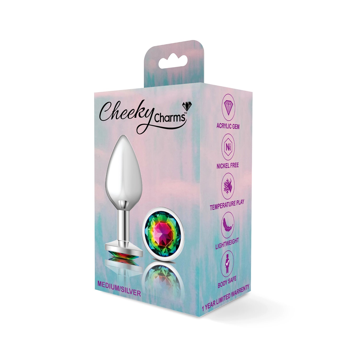 Cheeky Charms-Silver Metal Butt Plug- Round-Rainbow-Medium - Not Very Vanilla