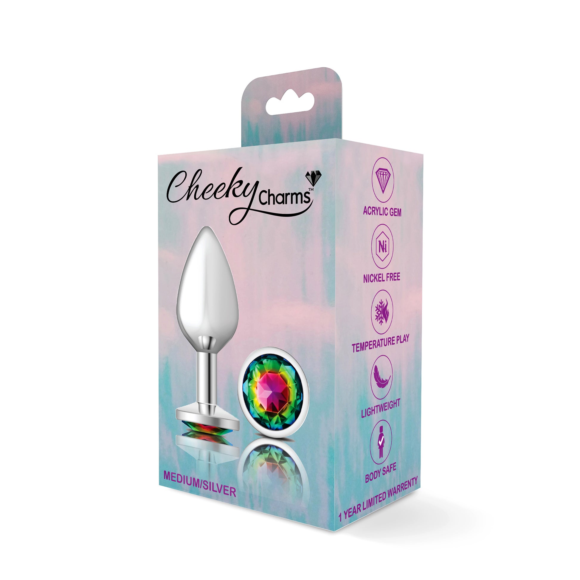 Cheeky Charms-Silver Metal Butt Plug- Round-Rainbow-Medium - Not Very Vanilla