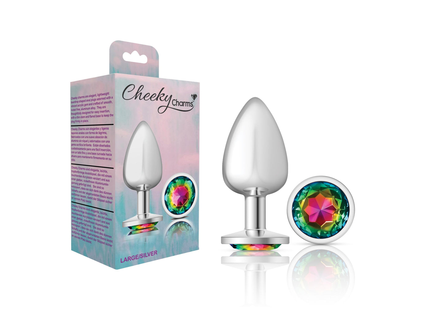 Cheeky Charms-Silver Metal Butt Plug- Round-Rainbow-Large - Not Very Vanilla