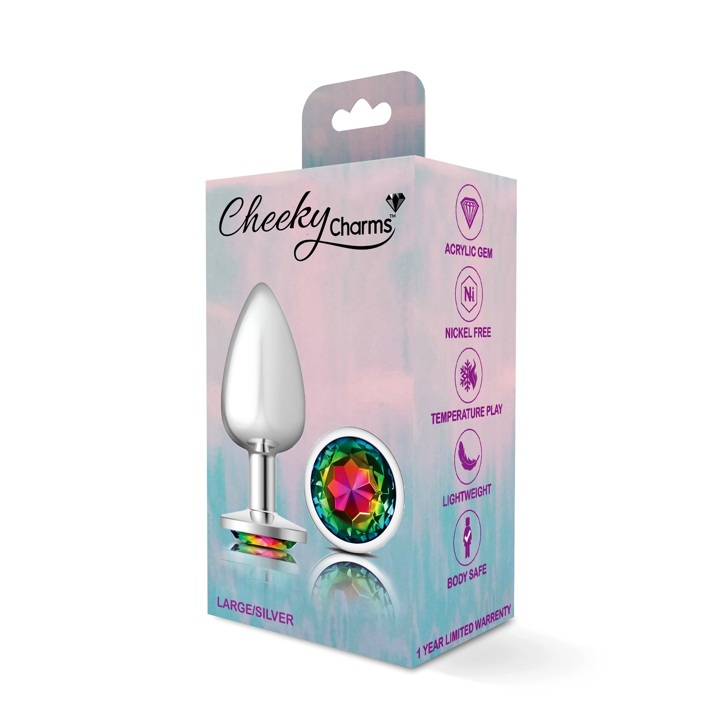 Cheeky Charms-Silver Metal Butt Plug- Round-Rainbow-Large - Not Very Vanilla