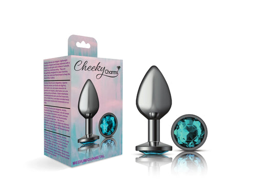 Cheeky Charms-Gunmetal Metal Butt Plug- Round-Teal-Medium - Not Very Vanilla