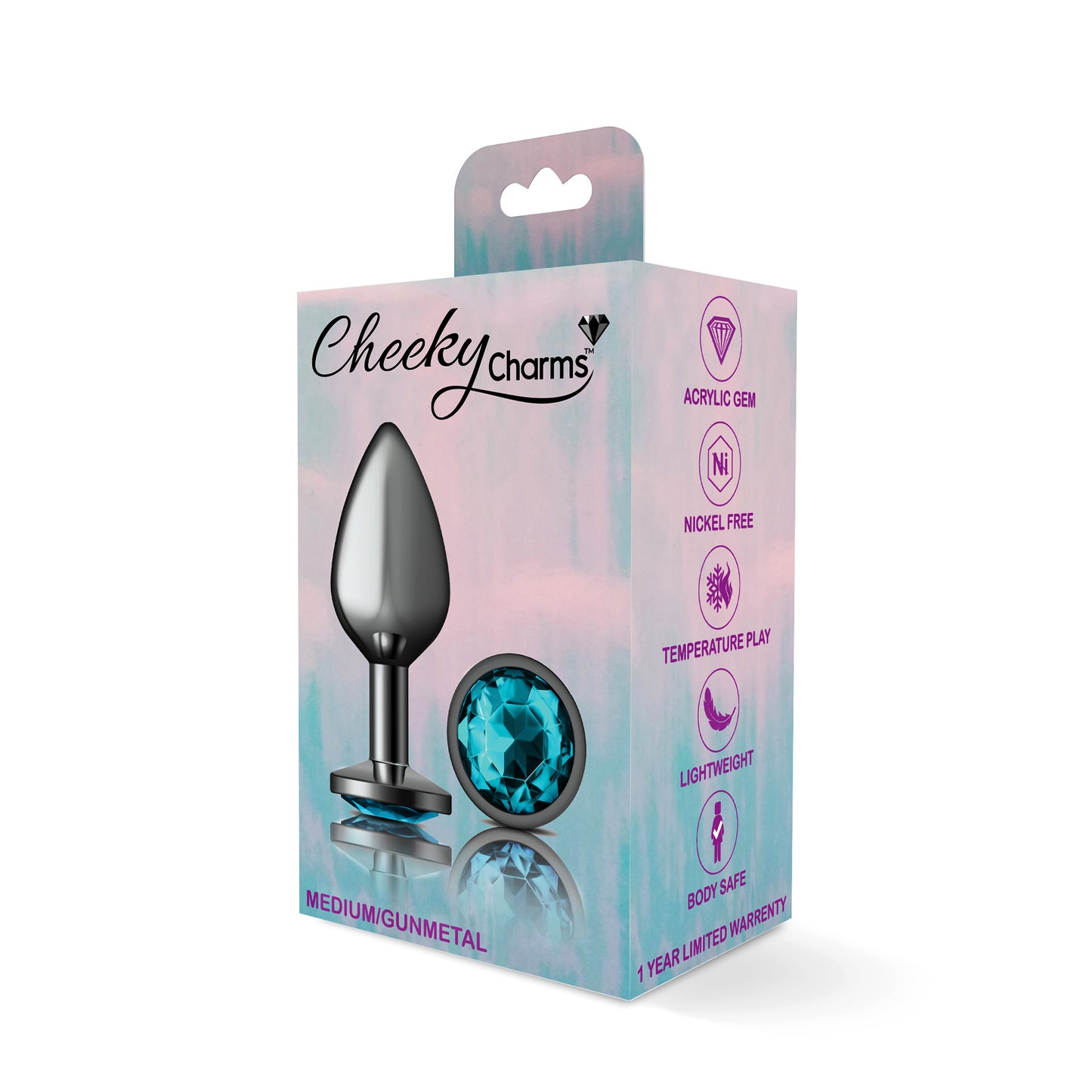 Cheeky Charms-Gunmetal Metal Butt Plug- Round-Teal-Medium - Not Very Vanilla