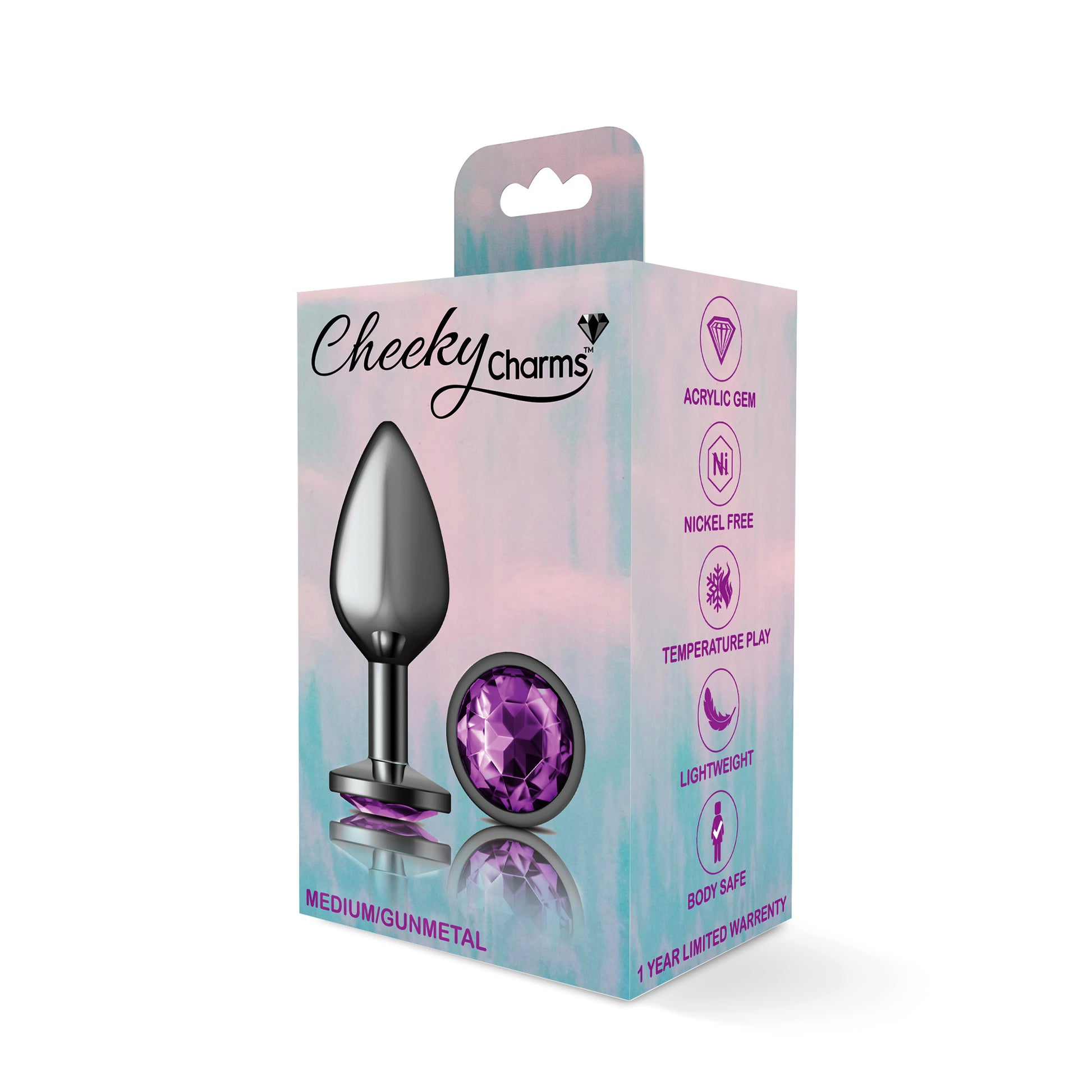 Cheeky Charms-Gunmetal Metal Butt Plug- Round-Deep Purple-Medium - Not Very Vanilla