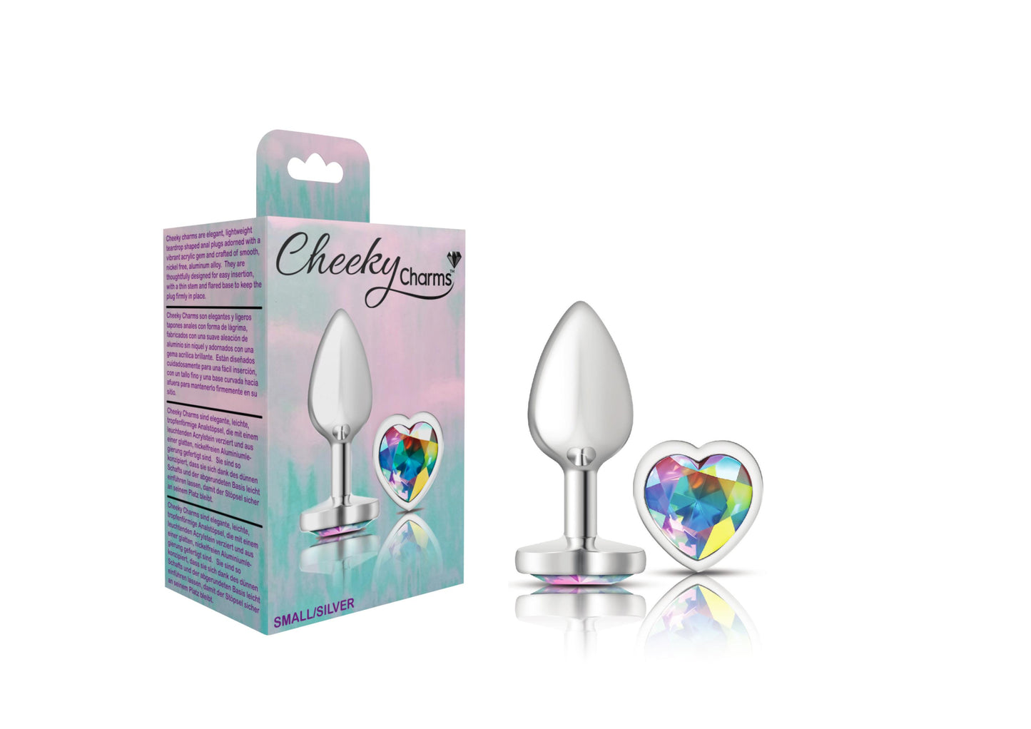 Cheeky Charms-Silver Metal Butt Plug- Heart-Clear-Small - Not Very Vanilla