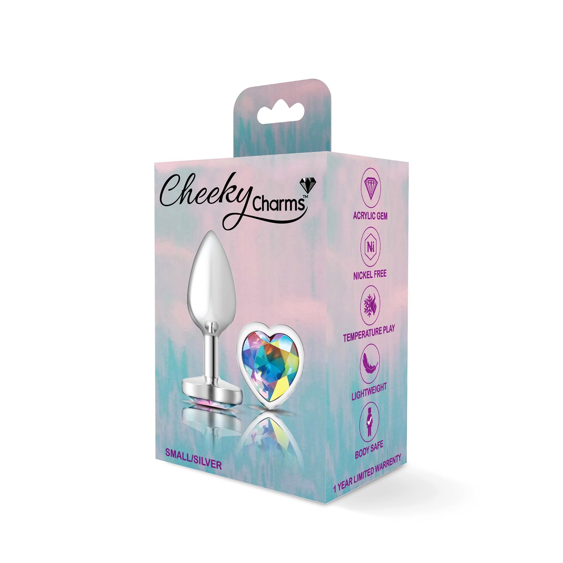 Cheeky Charms-Silver Metal Butt Plug- Heart-Clear-Small - Not Very Vanilla