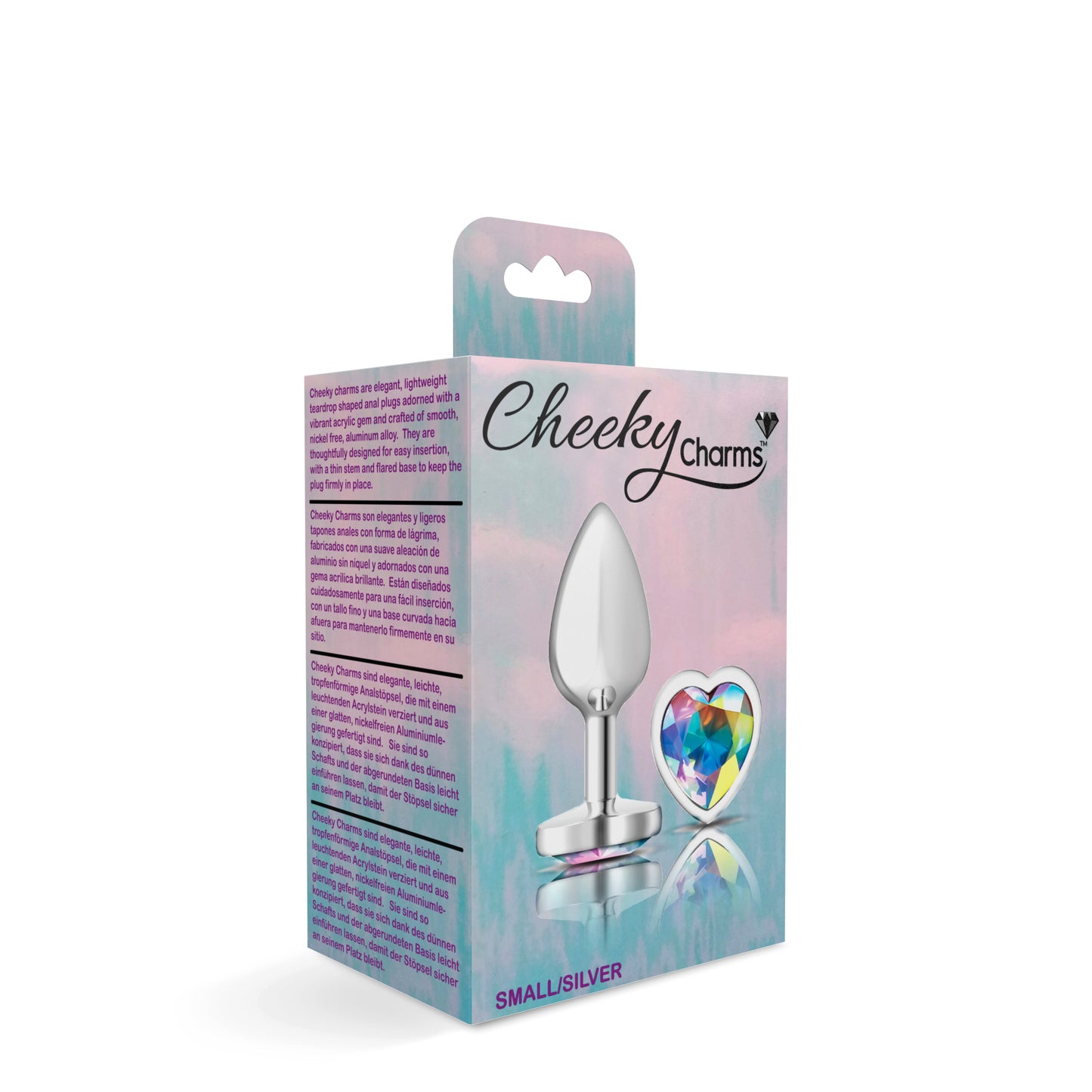 Cheeky Charms-Silver Metal Butt Plug- Heart-Clear-Small - Not Very Vanilla