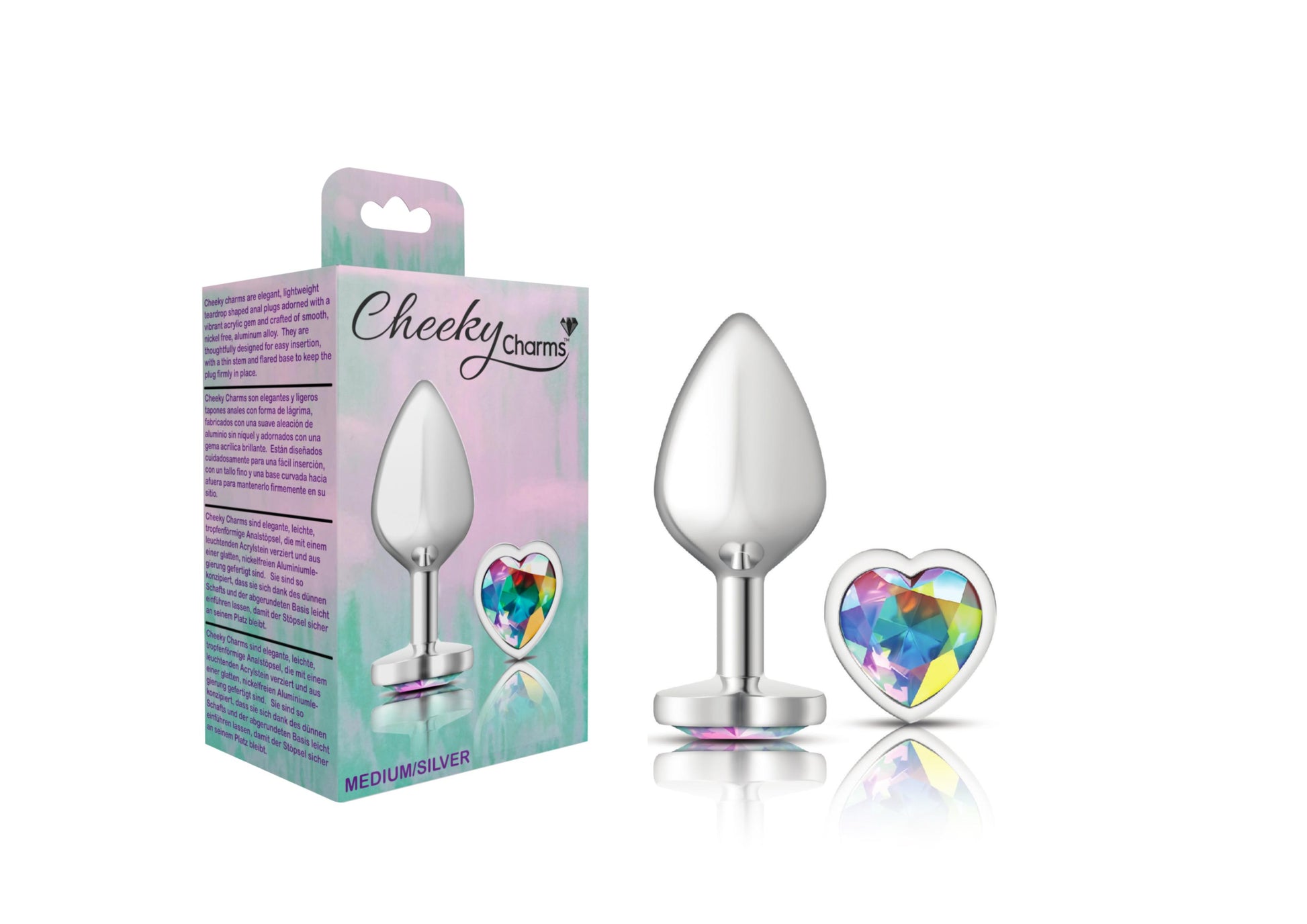 Cheeky Charms-Silver Metal Butt Plug- Heart-Clear-Medium - Not Very Vanilla