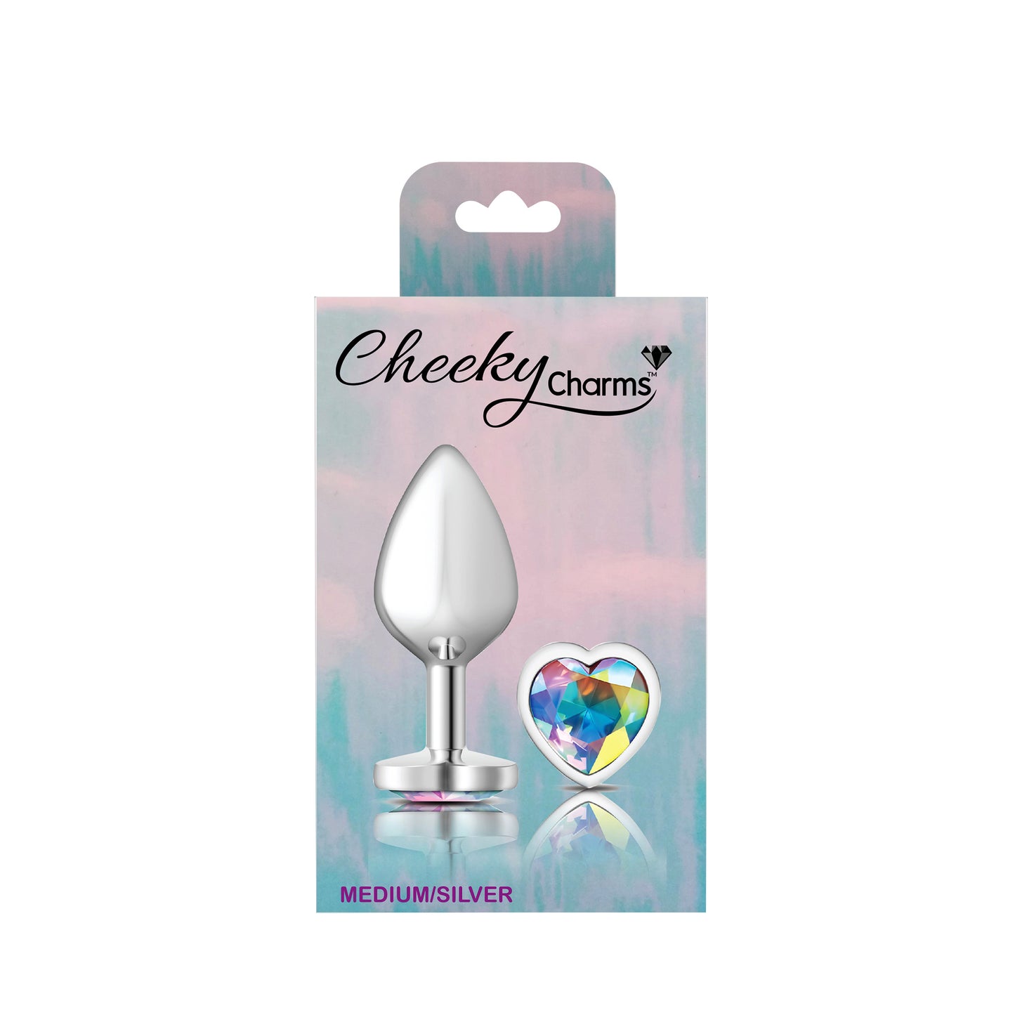 Cheeky Charms-Silver Metal Butt Plug- Heart-Clear-Medium - Not Very Vanilla