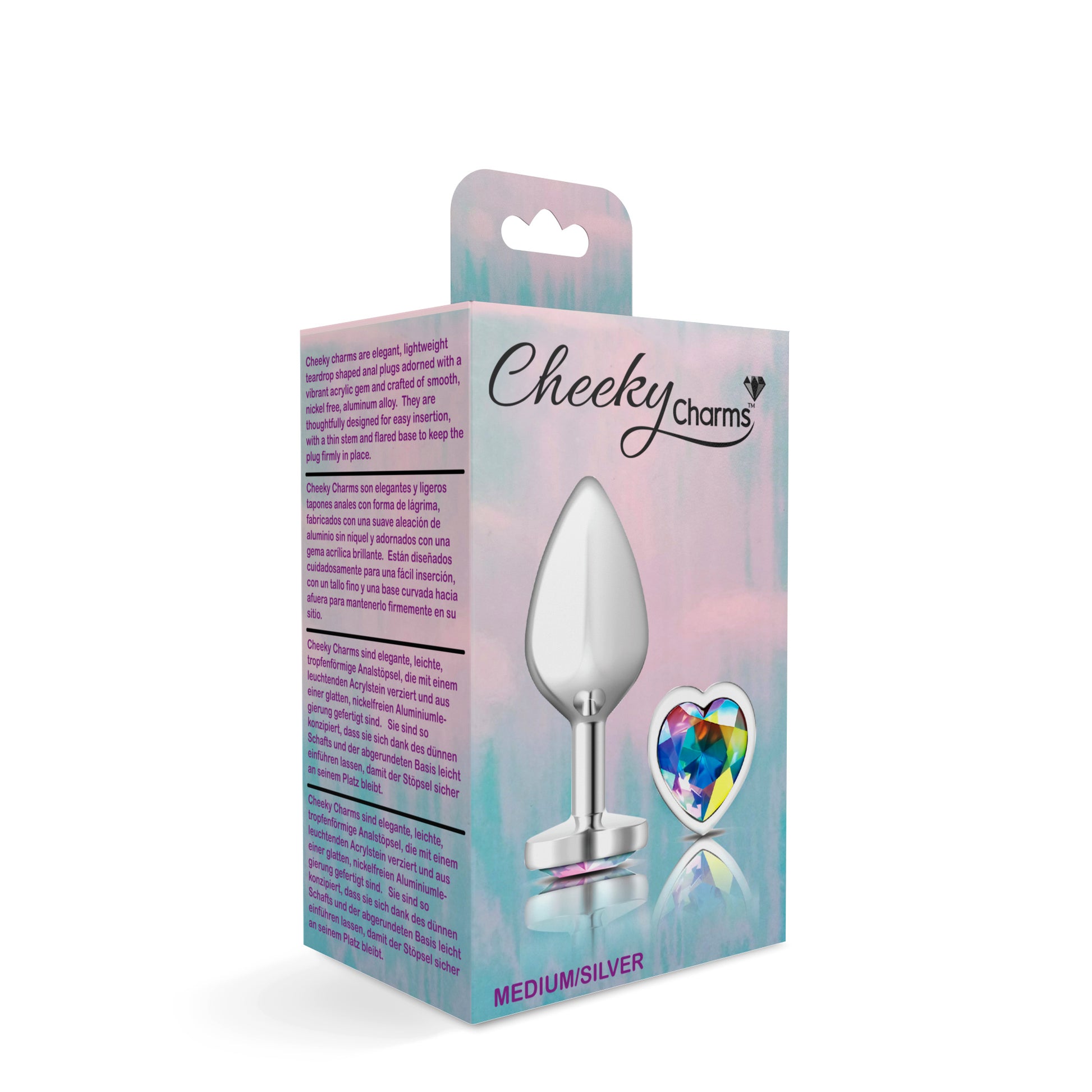 Cheeky Charms-Silver Metal Butt Plug- Heart-Clear-Medium - Not Very Vanilla