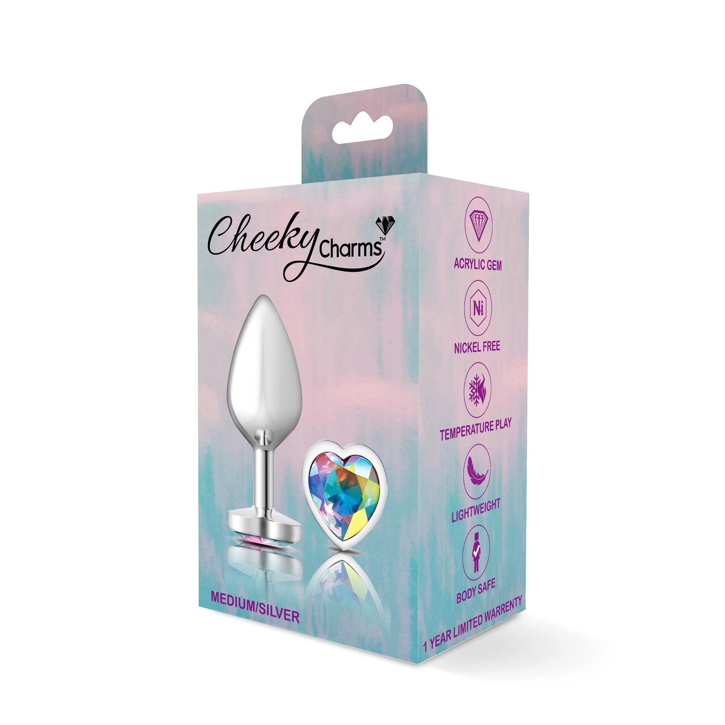 Cheeky Charms-Silver Metal Butt Plug- Heart-Clear-Medium - Not Very Vanilla