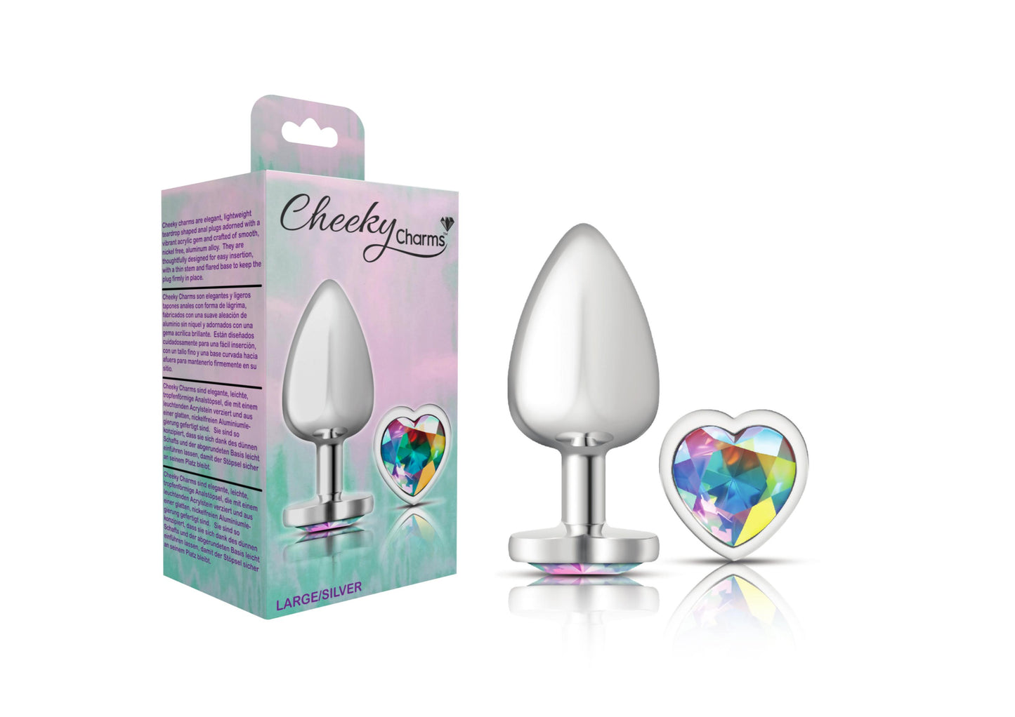 Cheeky Charms-Silver Metal Butt Plug- Heart-Clear-Large - Not Very Vanilla