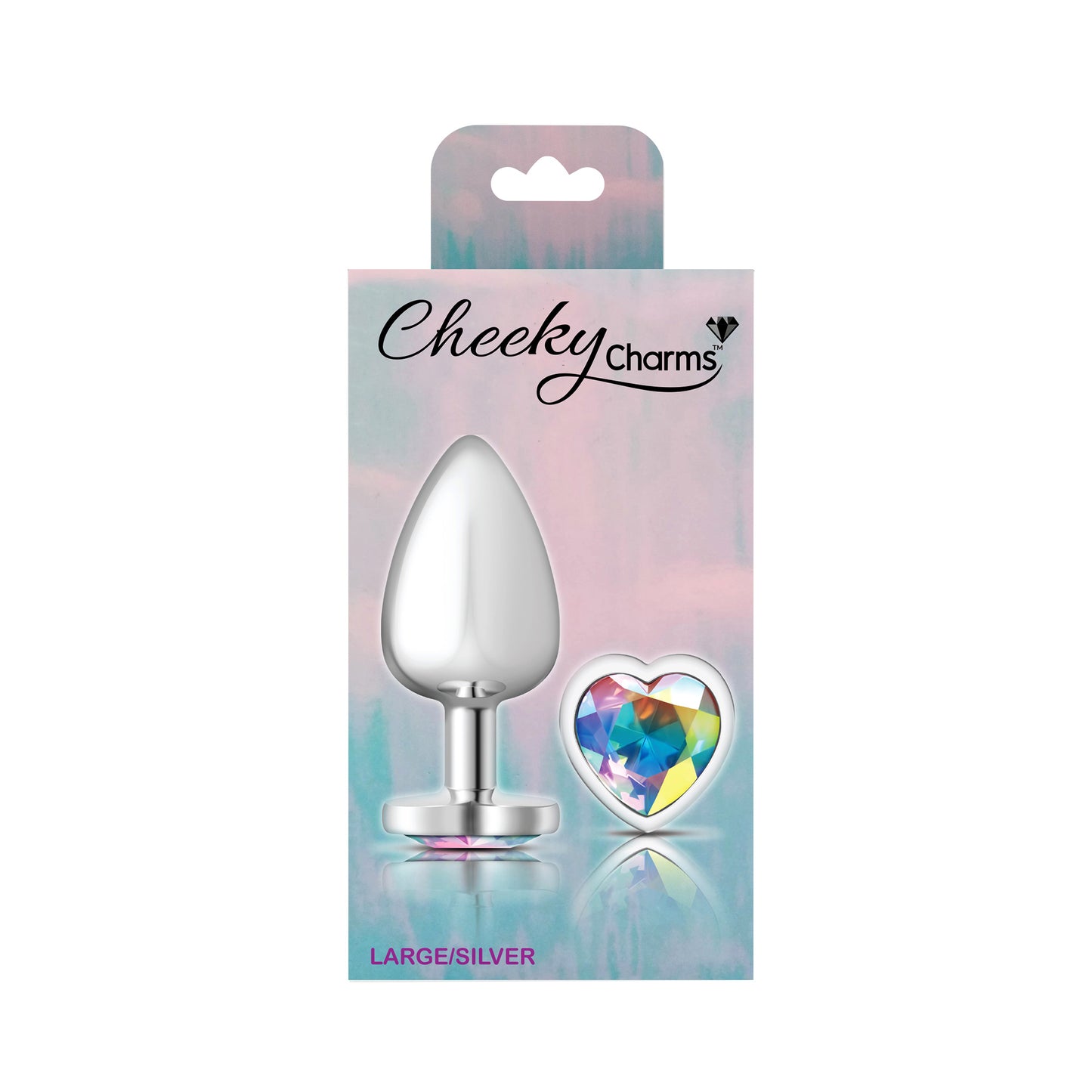 Cheeky Charms-Silver Metal Butt Plug- Heart-Clear-Large - Not Very Vanilla