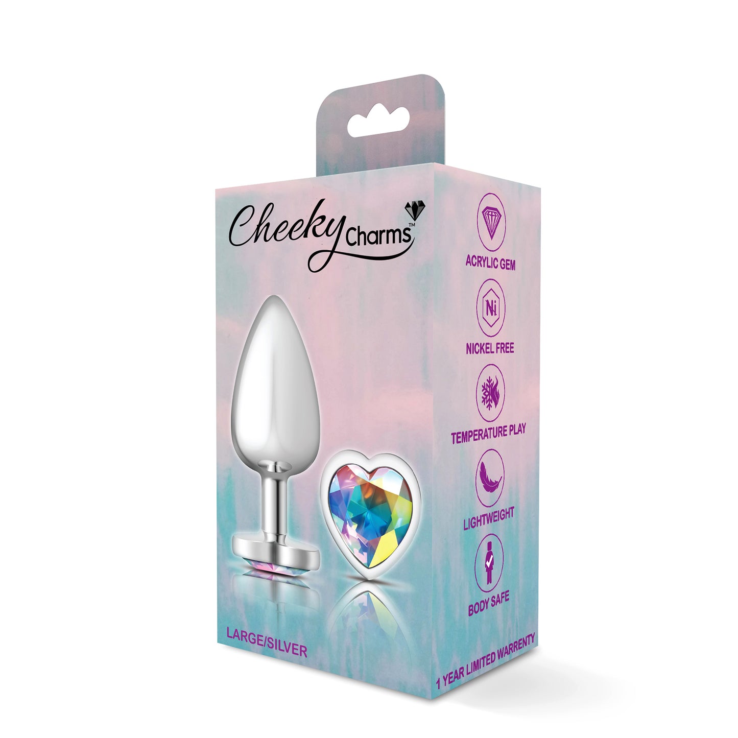 Cheeky Charms-Silver Metal Butt Plug- Heart-Clear-Large - Not Very Vanilla